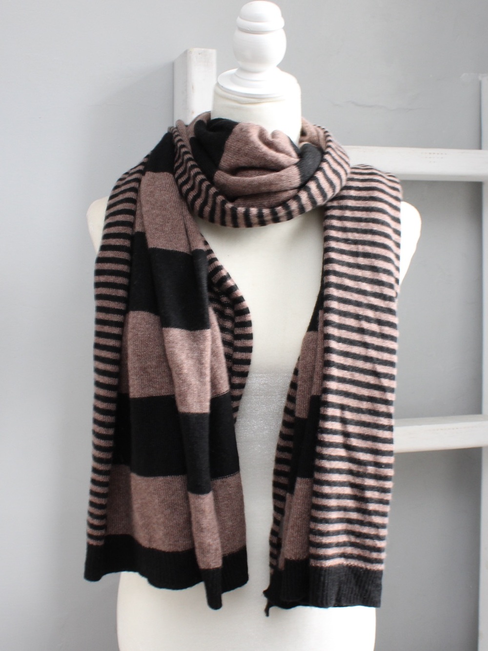 InCashmere 100% Cashmere Multi Width Striped Scarf Black Tan Large Wrap Shrug